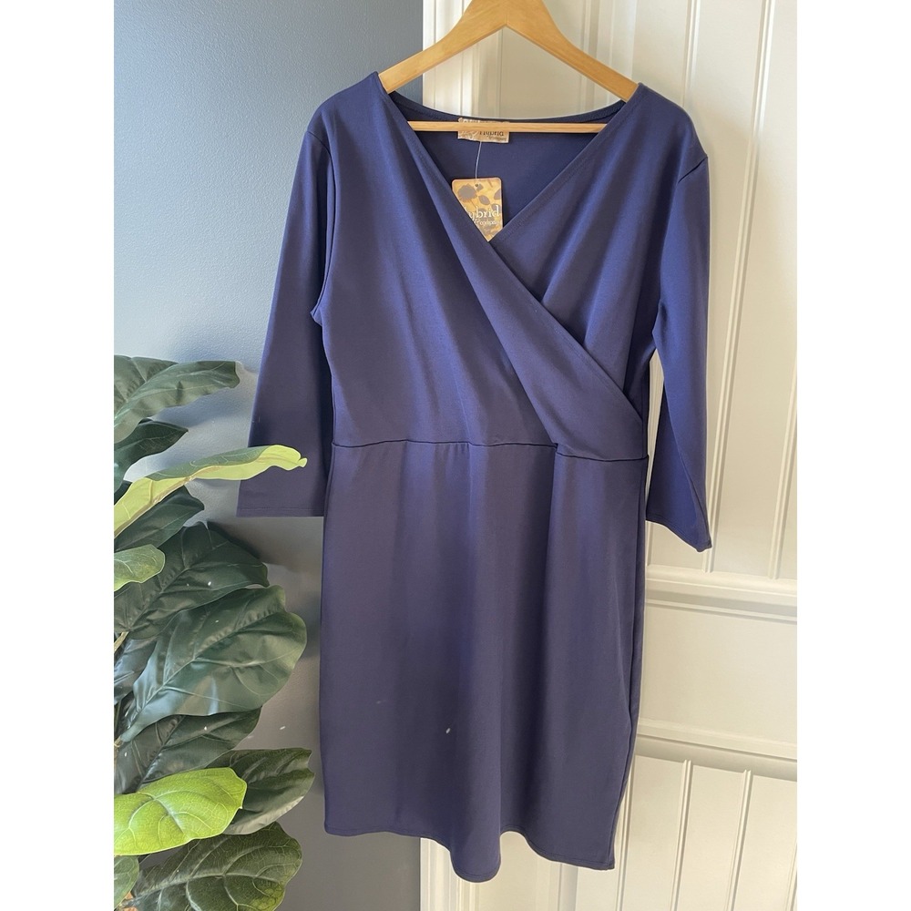 Hybrid & Company Navy Blue Faux Wrap Dress V-Neck 3/4 Sleeve Plus Size 2X NEW